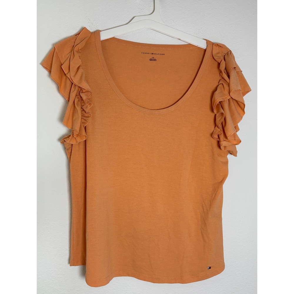 Tommy Hilfigerβ Womens Orange Ruffle Cap Sleeve Scoop Neck Knit Top Size Large